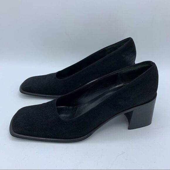Via Spiga Black Block Heel Square Toe Suede Pumps 9 Narrow - Picture 2 of 11